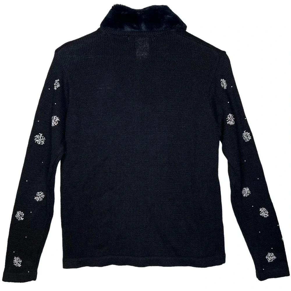 Victoria Jones Embellished Poinsettia Snow Flake Cardigan Removable Fur Collar M - Picture 2 of 14